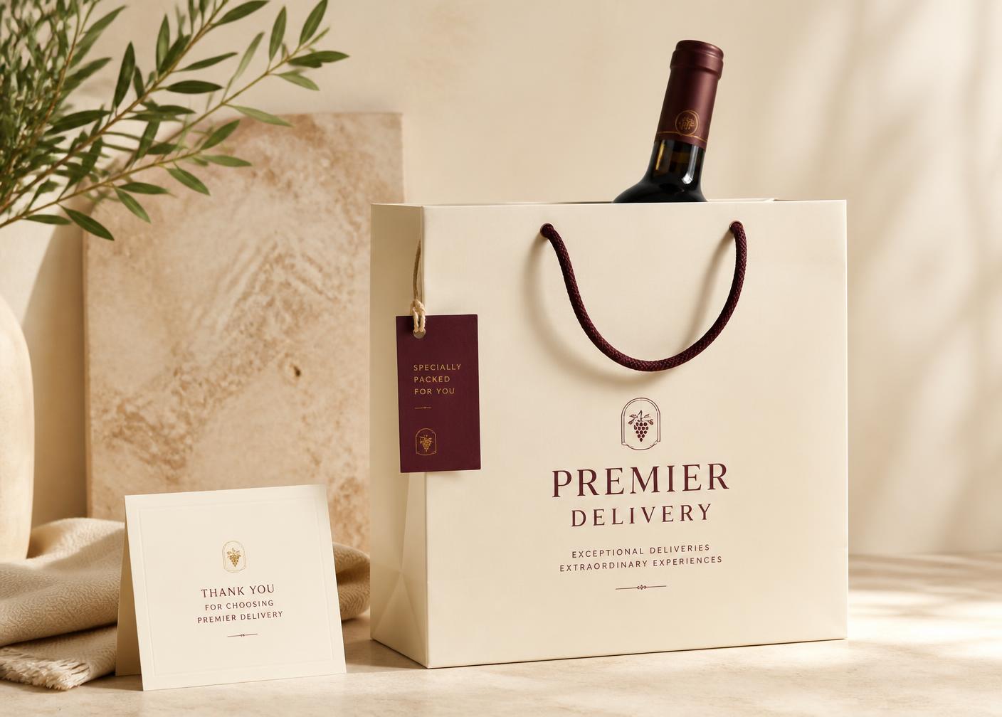 Bolsa de delivery premium con botella de vino sobre superficie clara